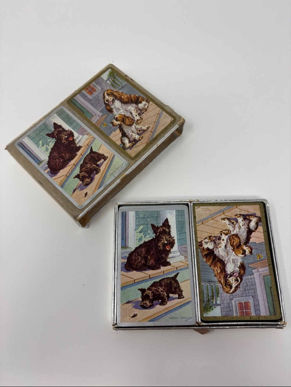 Vintage Congress Playing Cards Silver Pet Photo Dogs Brown Cream Case - Picture 4 of 5